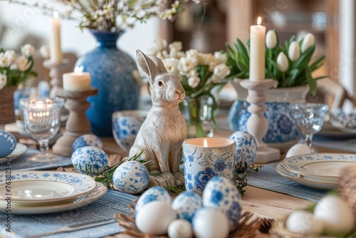 Easter Table Decorated  Colorful Eggs and Easter Bunny Celebration Design