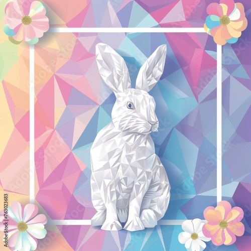 Easter Paper Card with Bunny, Rabbit Shape Frame, Spring Flowers on Colorful Geometric Background