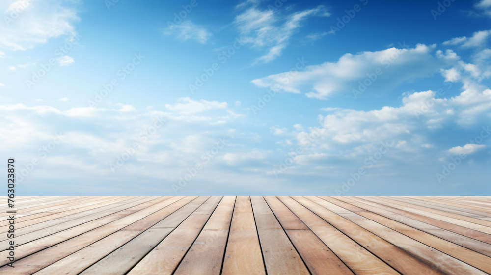 Cloudy blue sky and wood floor background image. ..