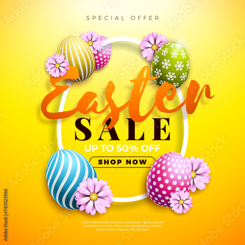 Easter Sale Illustration with Colorful Painted Egg and Spring Flower on Sun Yellow Background. Vector Religion Holiday Celebration Promotional Banner Design Template for Coupon, Banner, Voucher or Pos