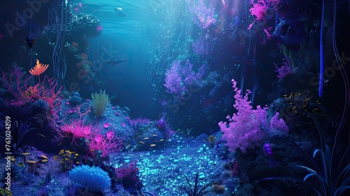 Underwater world  corals  sea life  fish  purple tones  natural environment  flora and fauna  sun rays  water  aqua  sea  ocean  great depth  realistic style. Generative by AI
