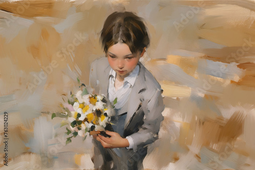 Boy in suit holding a bouquet of flowers, Semi-abstract loosely painting, Stylized digital speed painting. photo