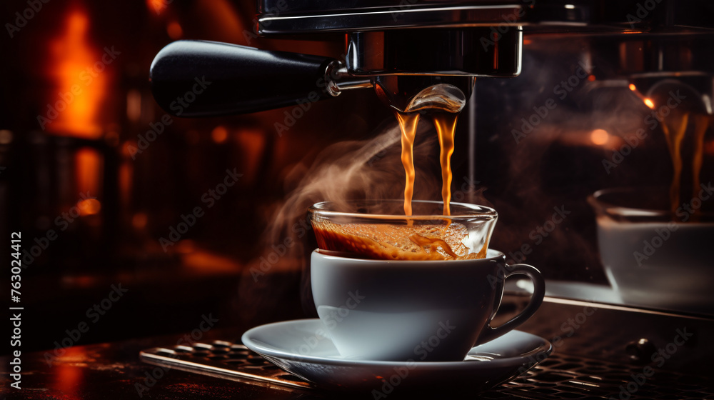 Coffee machine pouring coffee into a cup capturing - obrazy, fototapety, plakaty 