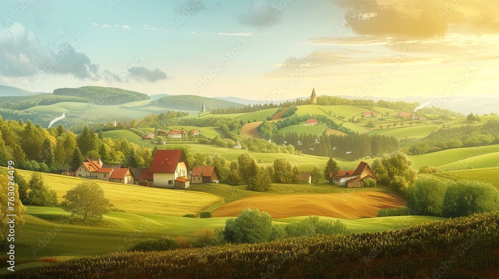 Village, country house, warehouse, hills, trees, greenery, cows, fields, crops, nature, beautiful views, settlement, sun. Beauty, comfort and tranquility of country life concept . Generative by AI