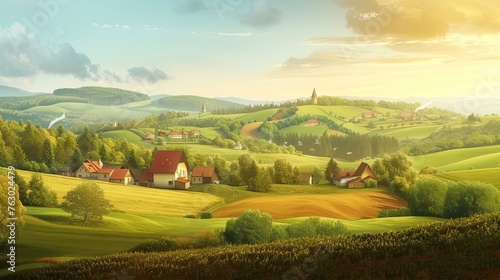 Village  country house  warehouse  hills  trees  greenery  cows  fields  crops  nature  beautiful views  settlement  sun. Beauty  comfort and tranquility of country life concept . Generative by AI