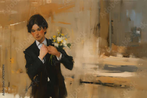 Boy in suit holding a bouquet of flowers, Semi-abstract loosely painting, Stylized digital speed painting. photo