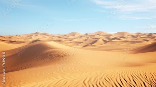 Endless desert, dune, hills, dunes, cloudless sky, sand, mountains in the background, drought, scorching sun, heat, wasteland. The concept of loneliness and hopelessness. Generative by AI