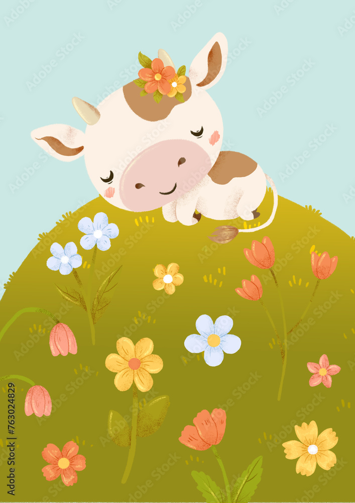Obraz premium Cute cartoon milky cow with wreath of flowers. Kawaii cow illustration for dairy products or farm pictures. Poster template