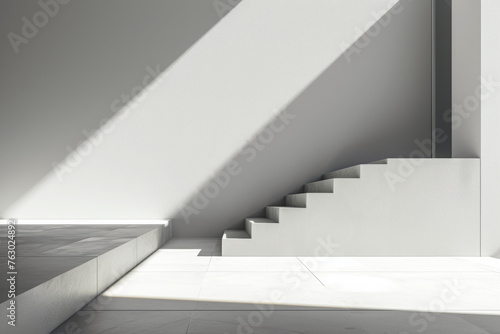 Modern minimalist architecture with marble flooring and staircase. Sharp shadows and natural light in white geometric interior space. For poster, architectural visualization, contemporary art concept