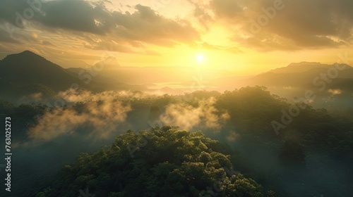 Mountains  high altitude  heights  sun  sunrise  bright rays  clouds  fog  wind  tourism  landscape  environment  backdrop  background. Concept of beauty of nature in the morning. Generative by AI