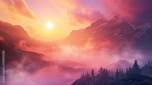 Mountains  high altitude  heights  sun  sunrise  bright rays  clouds  fog  wind  tourism  landscape  environment  backdrop  background. Concept of beauty of nature in the morning. Generative by AI