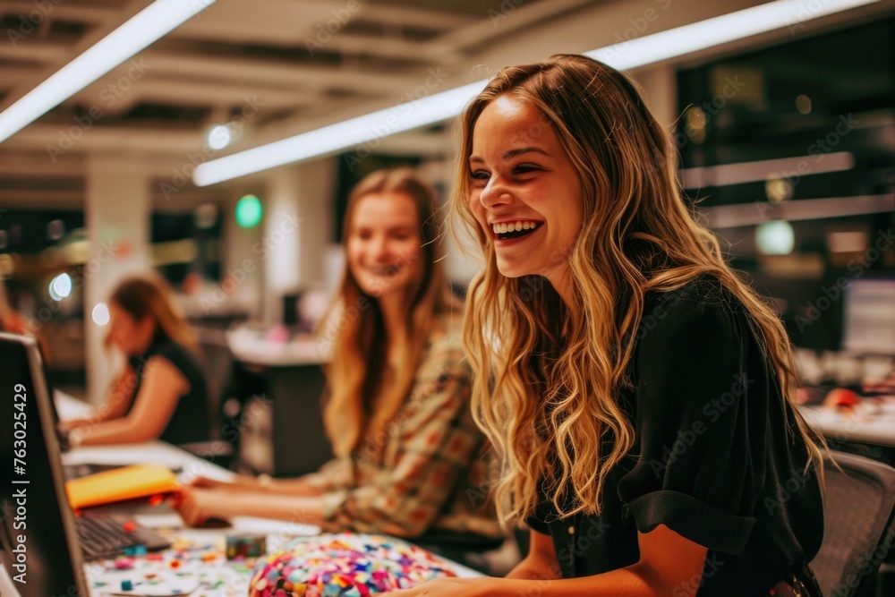 Two women sitting at a table with laptops and candy. Generative AI. Two women sitting at a table with laptops and candy. Generative AI.