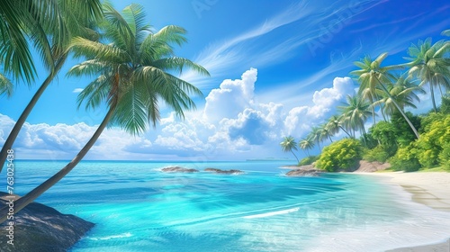 Tropical paradise, beach with palm trees and azure sea. An idyll against the backdrop of turquoise water, light, slightly cloudy sky, dream vacation, resort. Paradise island concept. Generative by AI © Anastasia