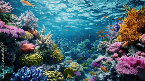 Underwater world, corals, sea life, fish, dark colors, natural environment, flora and fauna, sun rays, water, aqua, sea, ocean, realistic style. Generative by AI