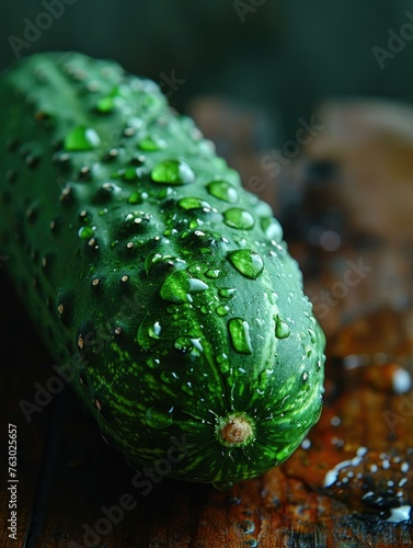 A cucumber with water droplets on it sitting next to a table. Generative AI.