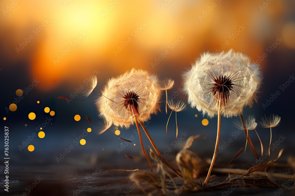 stylist and royal Golden sunset and dandelion, meditative zen background, space for text, photographic