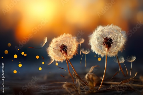 stylist and royal Golden sunset and dandelion  meditative zen background  space for text  photographic