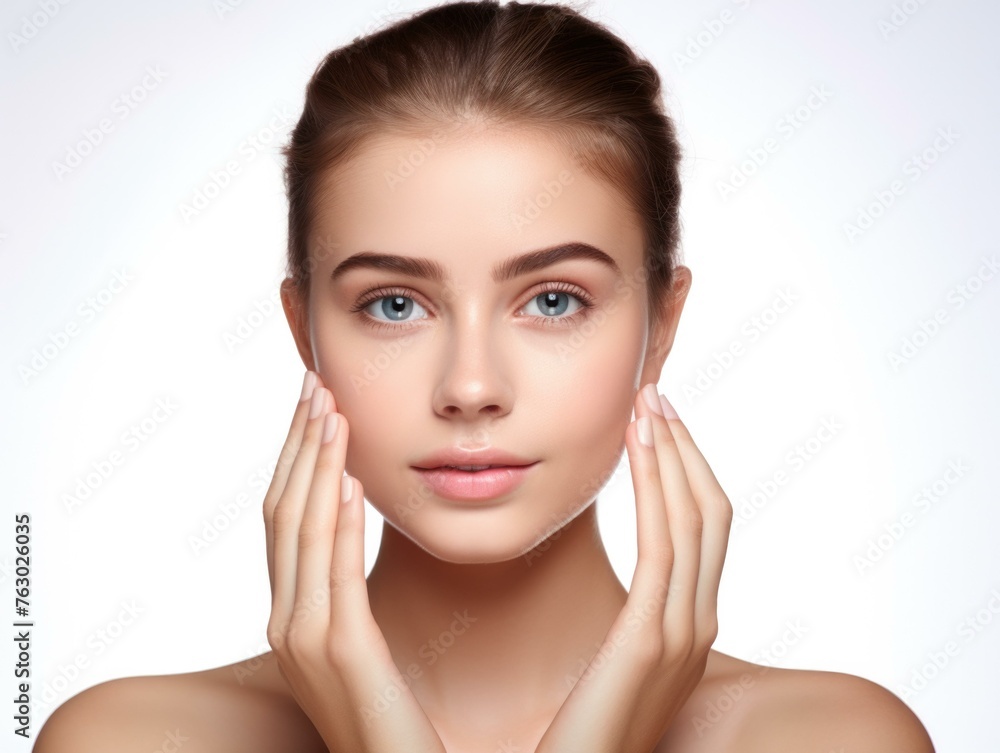 A woman with her hands on the face and a white background. Generative AI. A woman with her hands on the face and a white background. Generative AI.