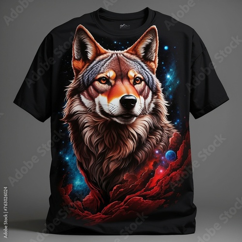 High Resolution. Generative AI. Realistic cosmic blue red wolf looking up. Dark background with blue highlighted rim. Space, universe background effect. Beautiful AI image of blue red wolf looking up.
