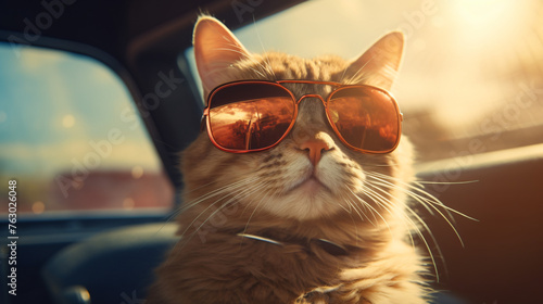 Cool cat in sunglasses sitting behind the wheel of a c