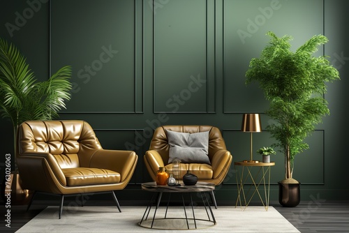 stylist and royal green and golden minimalist living room interior with sofa on a wooden floor © Poulami