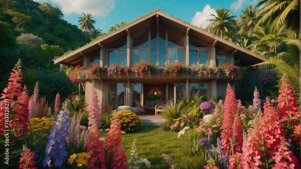 A house with a garden and flowers in the foreground. Generative AI.