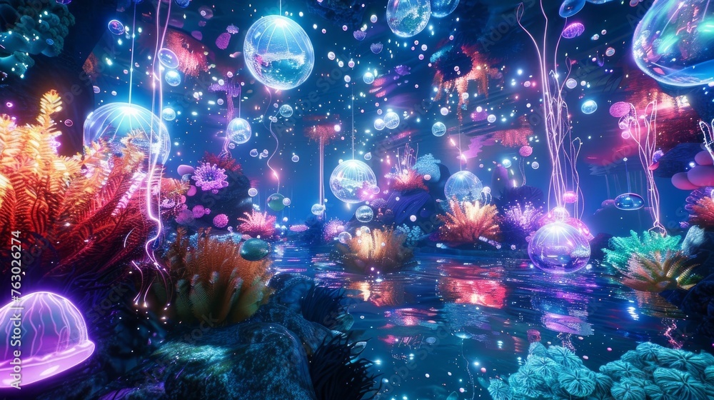 Abstract underwater games with jelly balls, bubbles and light