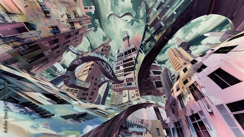 Abstract illustration of a landscape of a distorted, irregular city, urban environment with deformed and distorted buildings, psychedelic. Apocalypse concept. Generative by AI photo