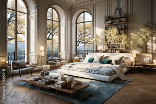 stylist and royal Illustration of modern bedroom with big french windows, space for text, photographic photo