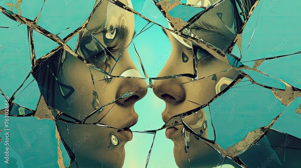 Abstract image of a woman looking at her reflection in broken glass, self perception, psychology, difficulties, overcoming, reflection. Reflecting a fragmented reality concept. Generative by AI Abstract image of a woman looking at her reflection in broken glass, self perception, psychology, difficulties, overcoming, reflection. Reflecting a fragmented reality concept. Generative by AI