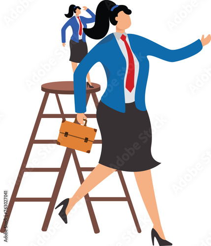 One businesswoman climbing up a ladder and whispering message (bad news) to a giant man
