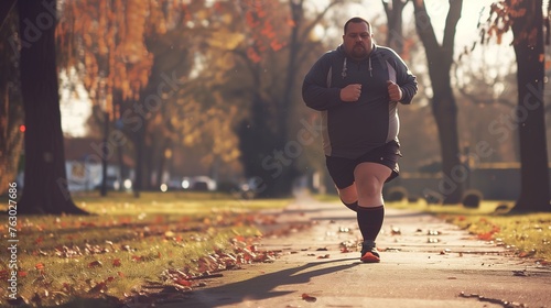 Overweight man running in the park, in the autumn. Weight loss concept.  © olz