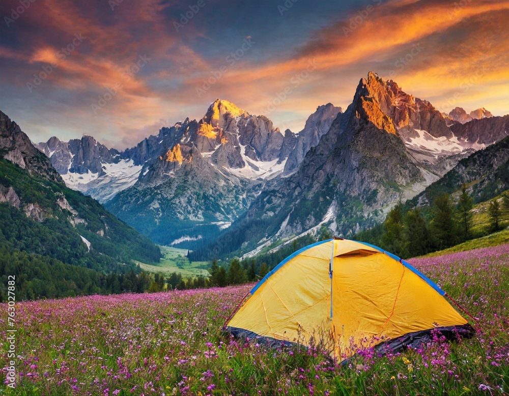 Summit Escapes: Embrace Freedom in the Mountains with Yellow Tent Camping Amidst Wild Meadow Flowers