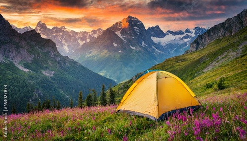 Summit Escapes: Embrace Freedom in the Mountains with Yellow Tent Camping Amidst Wild Meadow Flowers" © Sadaqat