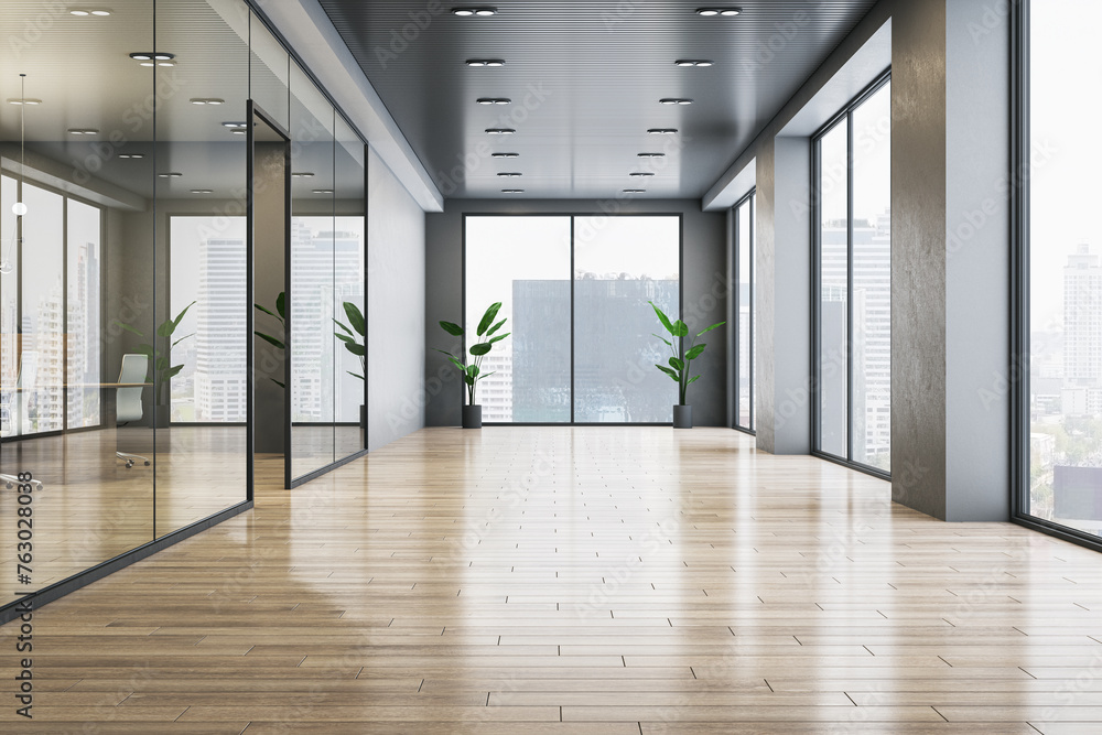 Modern glass office corridor interior with wooden flooring, window with city view and reflections. 3D Rendering.