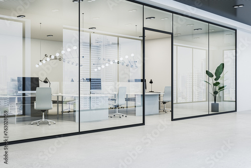 Bright glass office corridor interior with concrete flooring, window with city view and reflections. 3D Rendering.