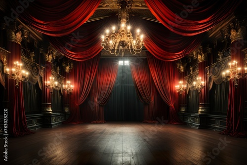 stylist and royal Magic theater stage red curtains Show Spotlight, space for text, photographic