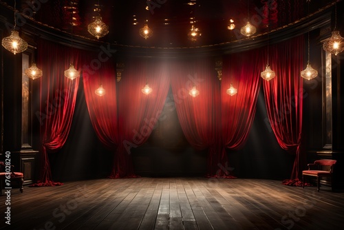 stylist and royal Magic theater stage red curtains Show Spotlight, space for text, photographic