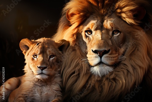 stylist and royal Majestic African lion couple loving pride  space for text  photographic