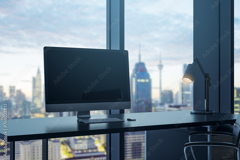 Bright office interior with empty computer monitor on desk and panoramic windows with beautiful city view and daylight. Mock up. Workplace concept. 3D Rendering. Bright office interior with empty computer monitor on desk and panoramic windows with beautiful city view and daylight. Mock up. Workplace concept. 3D Rendering.