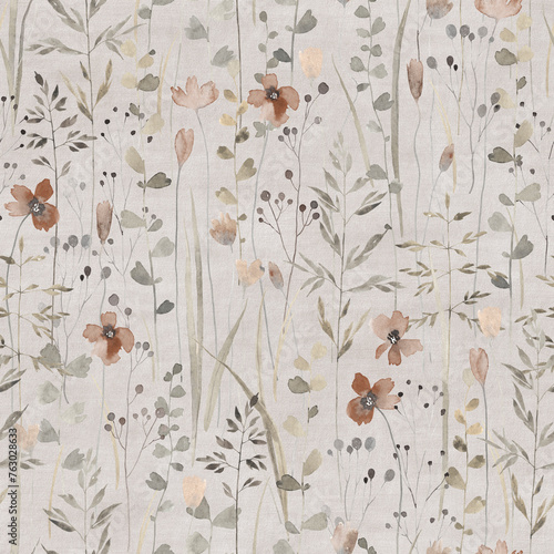 Cute seamless pattern with different wild flowers. Watercolor background for fabric, textile, nursery wallpaper. Meadow with wild flowers. Vintage background.