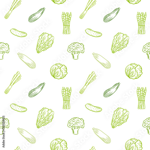 Green vegetables outline vector seamless pattern. Healty food, veggies background, backdrop, wallpaper, packaging design.