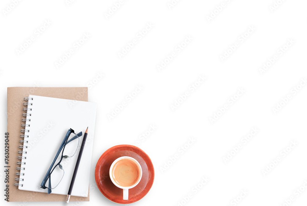 Wood office desk table with notebook, cup of coffee and glasses,flat lay. Wood office desk table with notebook, cup of coffee and glasses,flat lay.