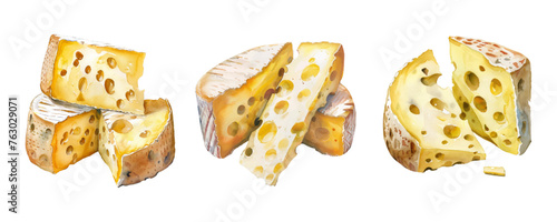 Watercolor set of pieces of hard cheese with mold. Old hard cheese divided into pieces. Watercolor yellow cheese. Vector illustration with watercolor products. Painting technique. Fresh organic food