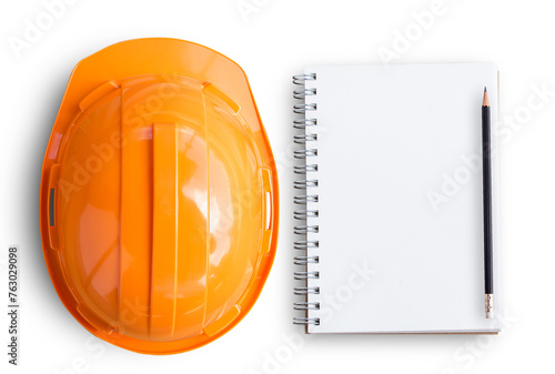 Top view with orange safety engineer helmet and blank notebook or notepad and pencil on white background