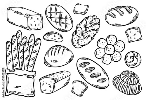 Different types of bread outline. Bread engraving, line art vector illustration. Wheat products, baked goods, bakery, pastry