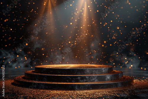 A round podium glitters under a spotlight on a darkened stage © Jakraphong