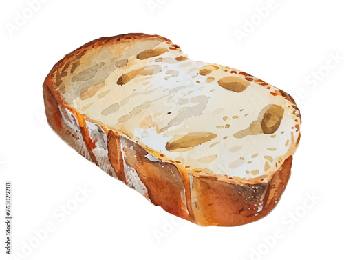 Watercolor slice of fragrant white bread. Tost  of light wheat bread on an isolated background. Watercolor food for breakfast. Vector illustration.
