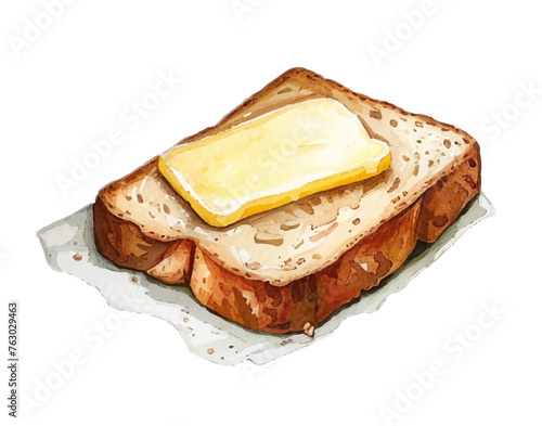 Watercolor toast with butter on a transparent background. watercolor breakfast, wheat bread with butter. Vector illustration.

