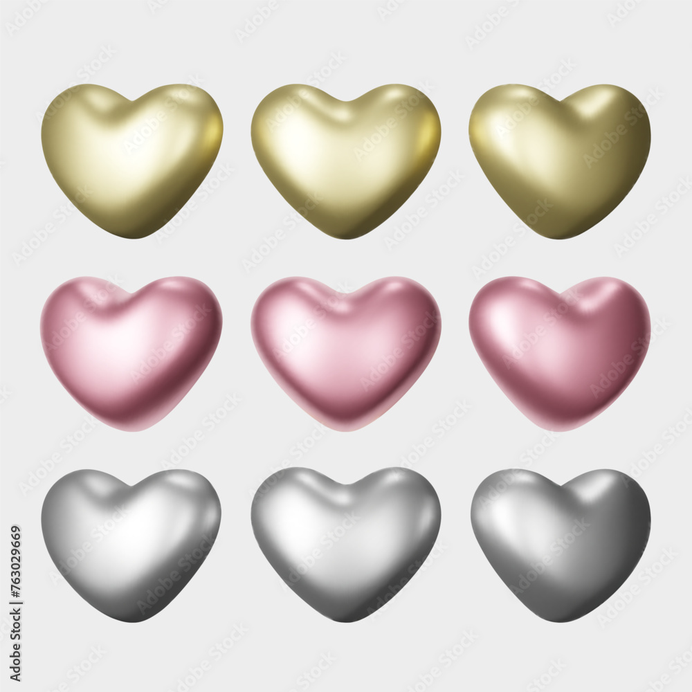 3d pink, gold and chrome hearts different 3 rotation. 3d render metallic hearts set. Vector illustration.